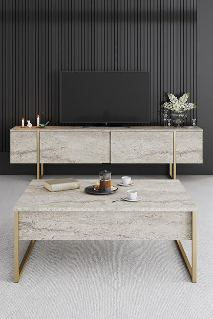 Hanah Home Elegant koffietafel, travertine en goud, 90 x 60 x 40 cm, 100% melamine gecoat deeltjesbord, 18 mm dik, stevige metalen poten, modern marmerdesign