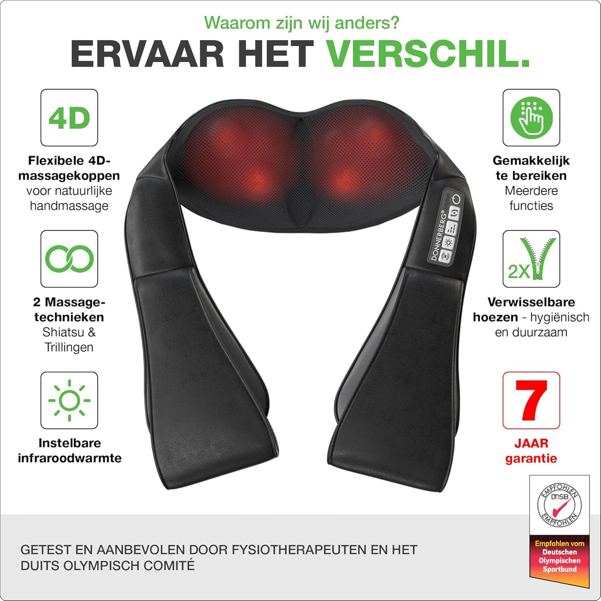 Nekmassageapparaat Donnerberg® | 7 jaar garantie | Shiatsu massageapparaat voor nek rug en schouder | Massage apparaat met warmte en vibratie | Diep 4D Knedende Massager voor Spierpijnverlichting