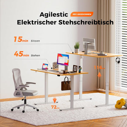 Agilestic Elektrisch in hoogte verstelbaar bureau, 160 x 80 cm, zit-sta bureau met geheugenfunctie, in hoogte verstelbare computertafel, gamingbureau met vierkant tafelblad, lichtbruin