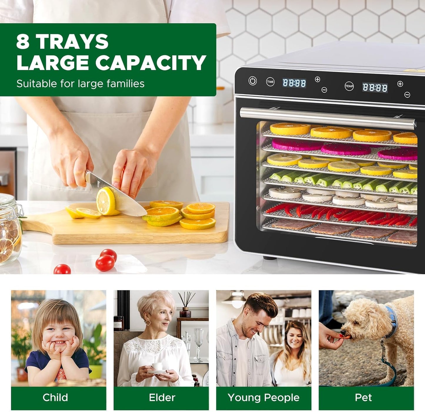 Kwasyo Voedseldroger van roestvrij staal, 0,67 m², 8 roestvrijstalen tablets, led-display, 24-uurs timer, instelbare temperatuur 35 °C - 85 °C, voor vlees, groenten en fruit