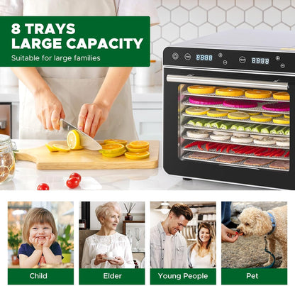 Kwasyo Voedseldroger van roestvrij staal, 0,67 m², 8 roestvrijstalen tablets, led-display, 24-uurs timer, instelbare temperatuur 35 °C - 85 °C, voor vlees, groenten en fruit