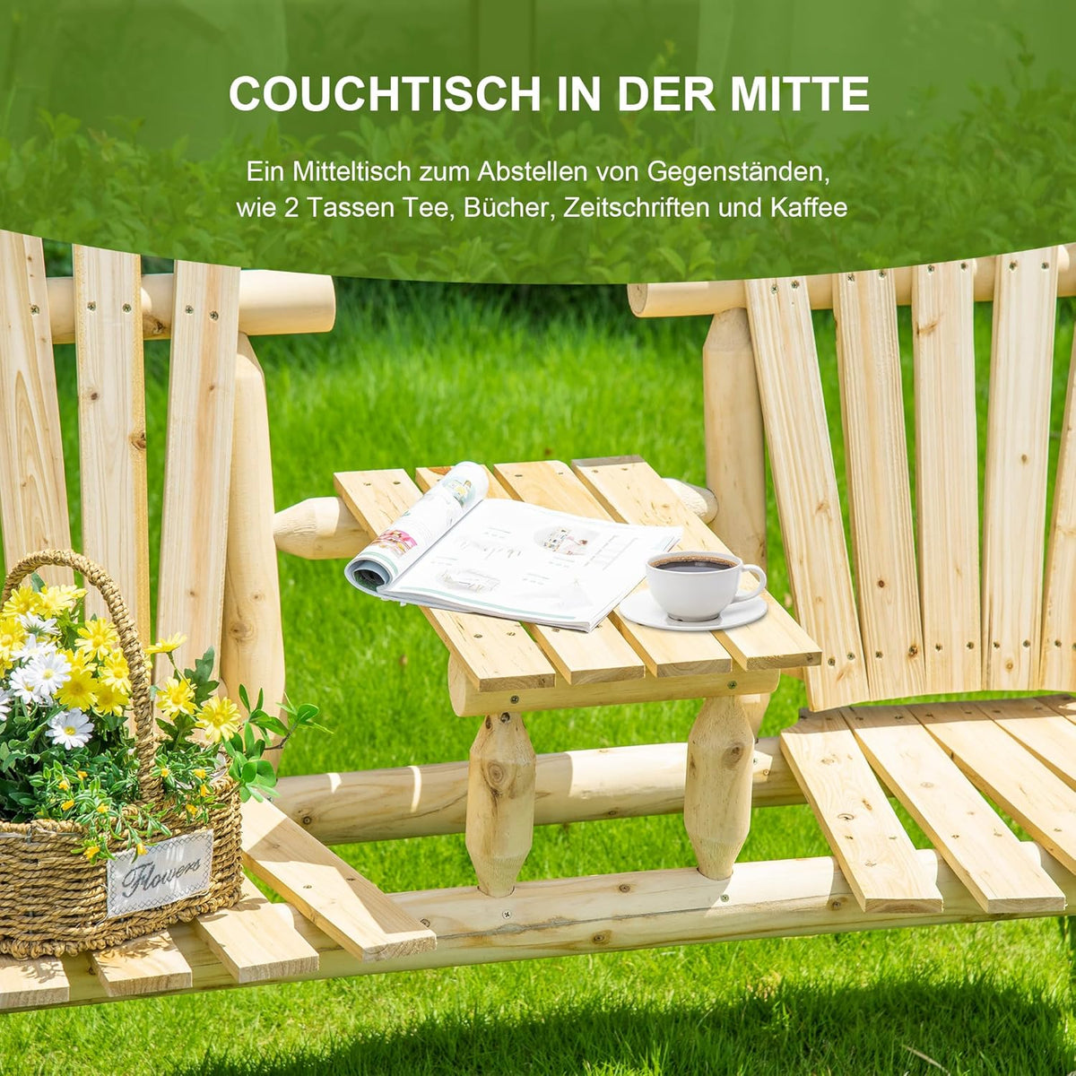 Outsunny Garden Bench with Table, Garden Furniture, Sofa, 2 Chairs, Solid Wood, Natural, 157 x 88 x 103 cm - QUORE