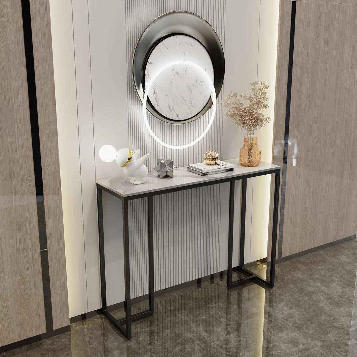 Slanke consoletafel gangeenheid: wit marmeren consoles bureau lang 100 cm hoogglans gesinterde stenen keffect en zwarte poten smalle hoge moderne bank bijzettafels dressoir woonkamer