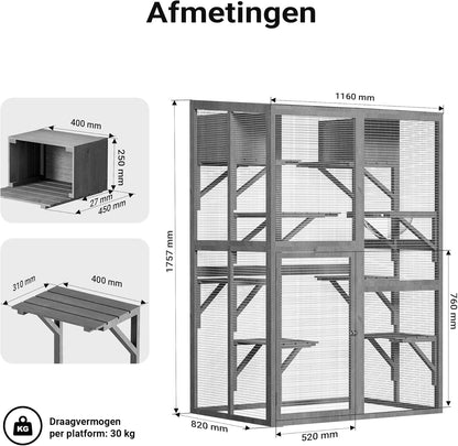 Wiltec buitenverblijf voor katten 116 x 82 x 175,7 cm, kattenvolière van hout met PVC-coating, kattenhuis met 5 niveaus, kattenverblijf voor tuin, balkon, kattenhut voor katten en dieren