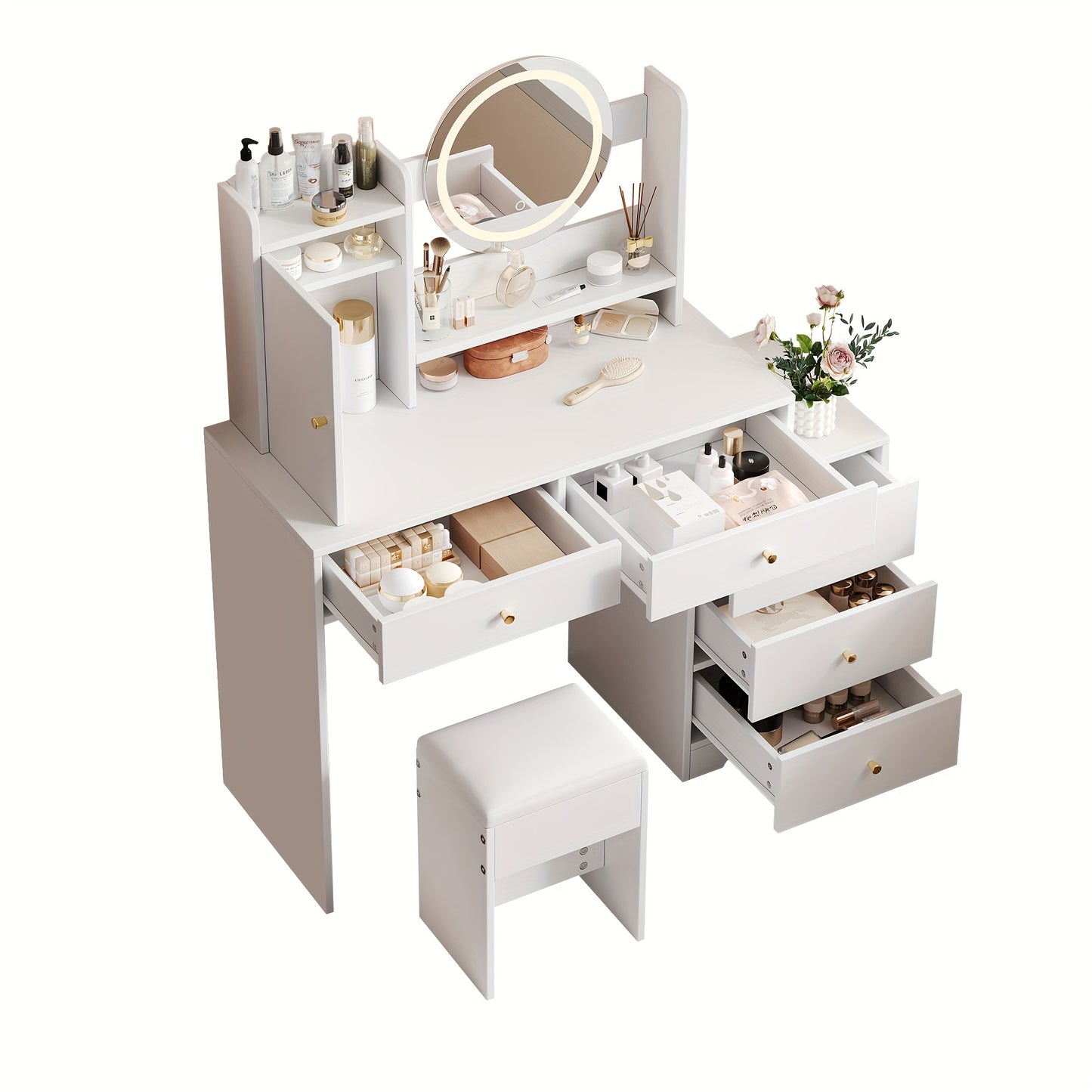 Kaptafel Wit – Dressing Table – Make-up Tafel – Make-up Kaptafel – Vanity Table – 5 Laden & Kast – Vrijstaand Ontwerp – Compact & Duurzaam – Inclusief Kruk