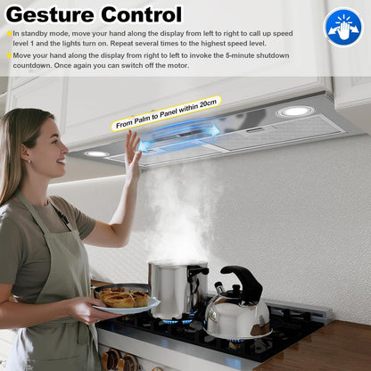 Inbouwafzuigkap van 72 cm, 400 m³/u Afzuigkap, 3 snelheden en boosterfunctie, aanraakbediening, gebarenbediening, ledverlichting, afzuiging en recirculatie