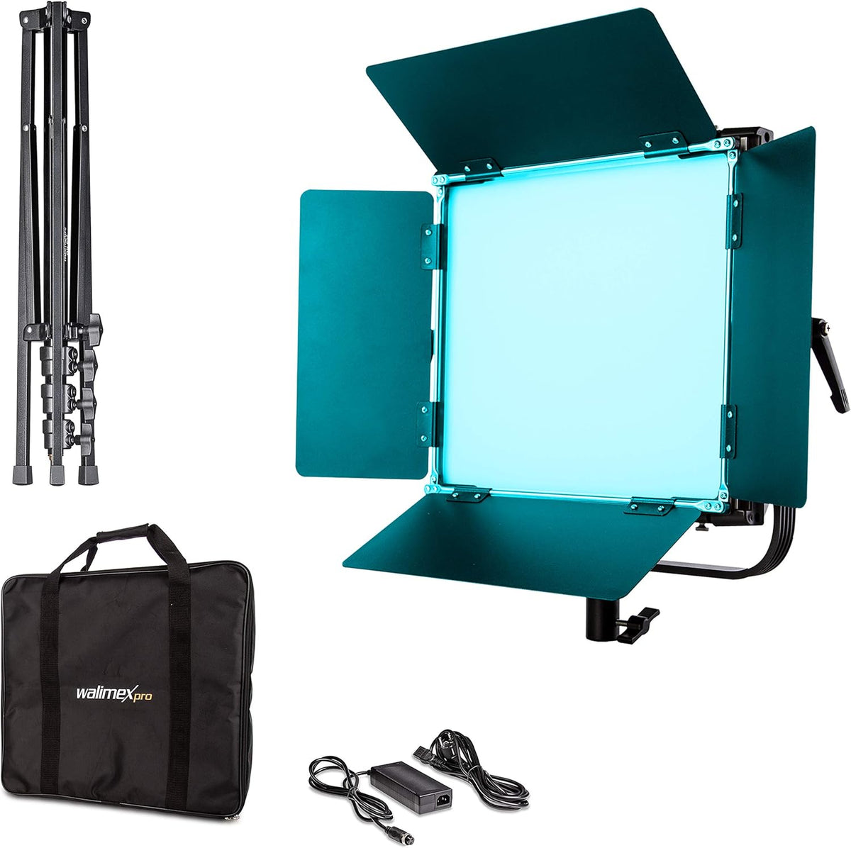 Walimex pro Rainbow 50W LED RGB vlaklamp 1-delige set met statief - set van 1x studielamp videolamp + 1x statief, lamp 360 kleuren, 50W 3200-999K CRI 95, V-Mount accu, dimbaar, app of DMX