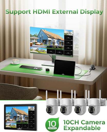 Camcamp Bewakingscameraset op zonne-energie met 10 inch monitor en 500 GB harde schijf, 2K PTZ zonnecamera voor buiten wifi, 10 CH NVR, HDMI-uitgang, kleurnachtzicht, PIR-bewegingsdetectie, 2-weg