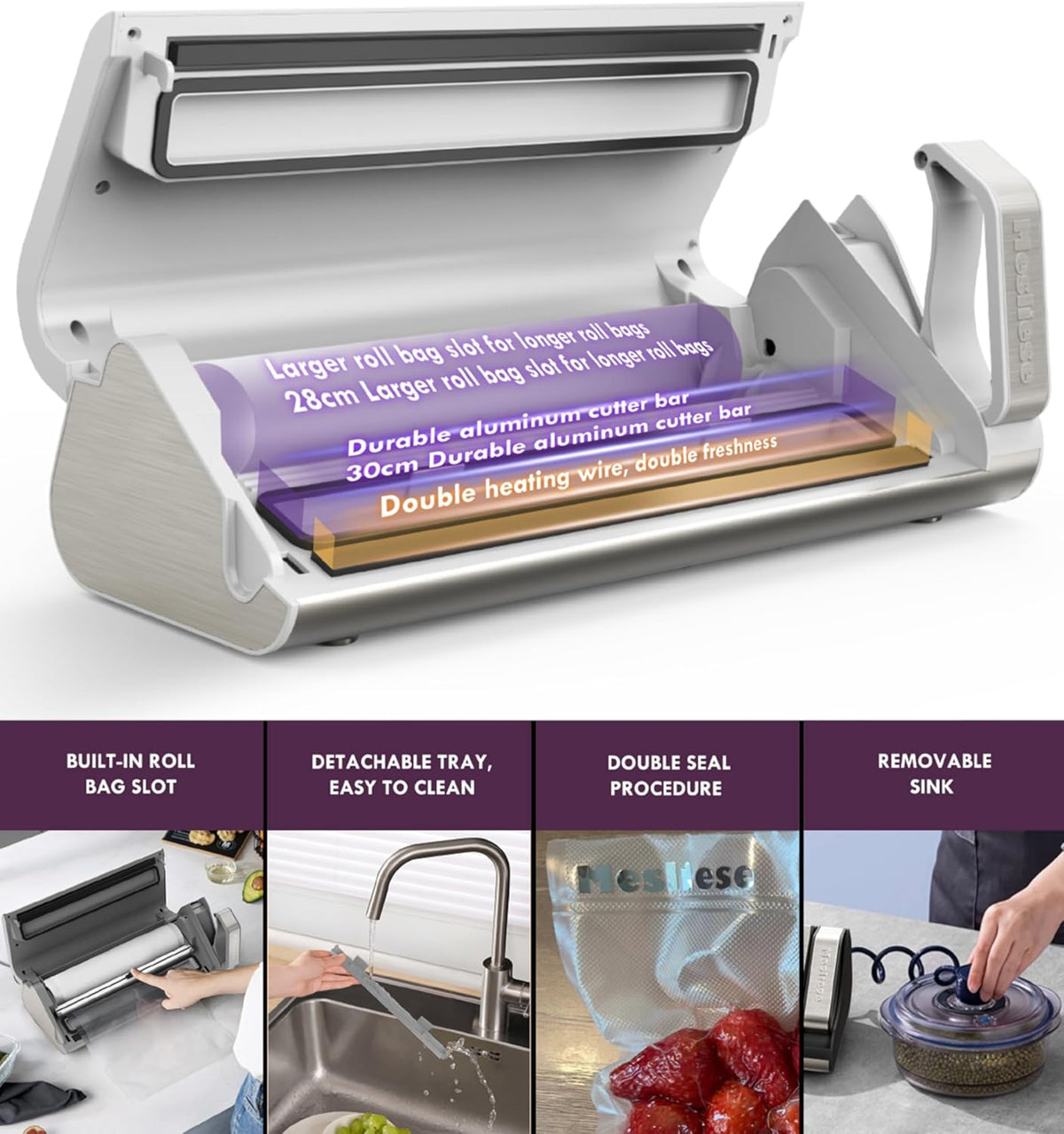 Mesliese Vacuümsealer, 95 kPa 140 W dubbele afdichting, krachtige voedselsealer, voedselopslag met één hand met ingebouwde snijder en rolopslag, ETL-getest (wit)