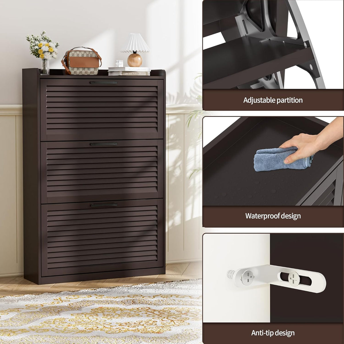 Schoenenkast Smal, Schoenkipper met Lamellendeur, Schoenenrek met 3 Kleppen, Schoencommode met 6 Verstelbare Opbergvakken, Schoenopberging voor Hal, 80x24x120 cm, Koffie