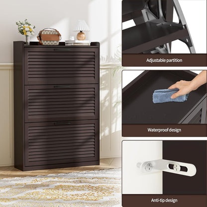 Schoenenkast Smal, Schoenkipper met Lamellendeur, Schoenenrek met 3 Kleppen, Schoencommode met 6 Verstelbare Opbergvakken, Schoenopberging voor Hal, 80x24x120 cm, Koffie