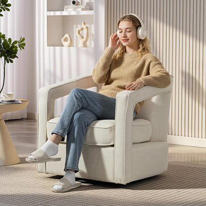 HOMCOM Fauteuil 360° draaibaar Loungestoel Relaxstoel met geïntegreerde rugleuning en armleuningen, linnenlook, gestoffeerde stoel voor slaapkamer Beige