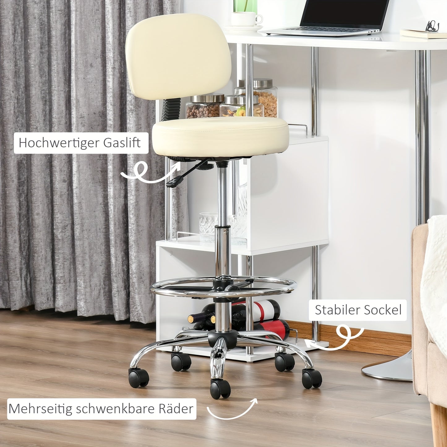 Barkruk – Barstoel – Barkrukken – Keukenstoel – Werkkruk – Draaibaar – Hoogte Verstelbaar – PU Kunstleer – Met Rugleuning – Beige