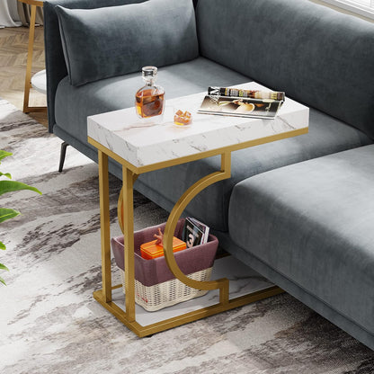 Tribesigns Narrow Side Table, Set of 2, C-Shaped Side Table, Modern Bedside Table for Sofa, Coffee Table with Metal Frame for Living Room (White Gold)