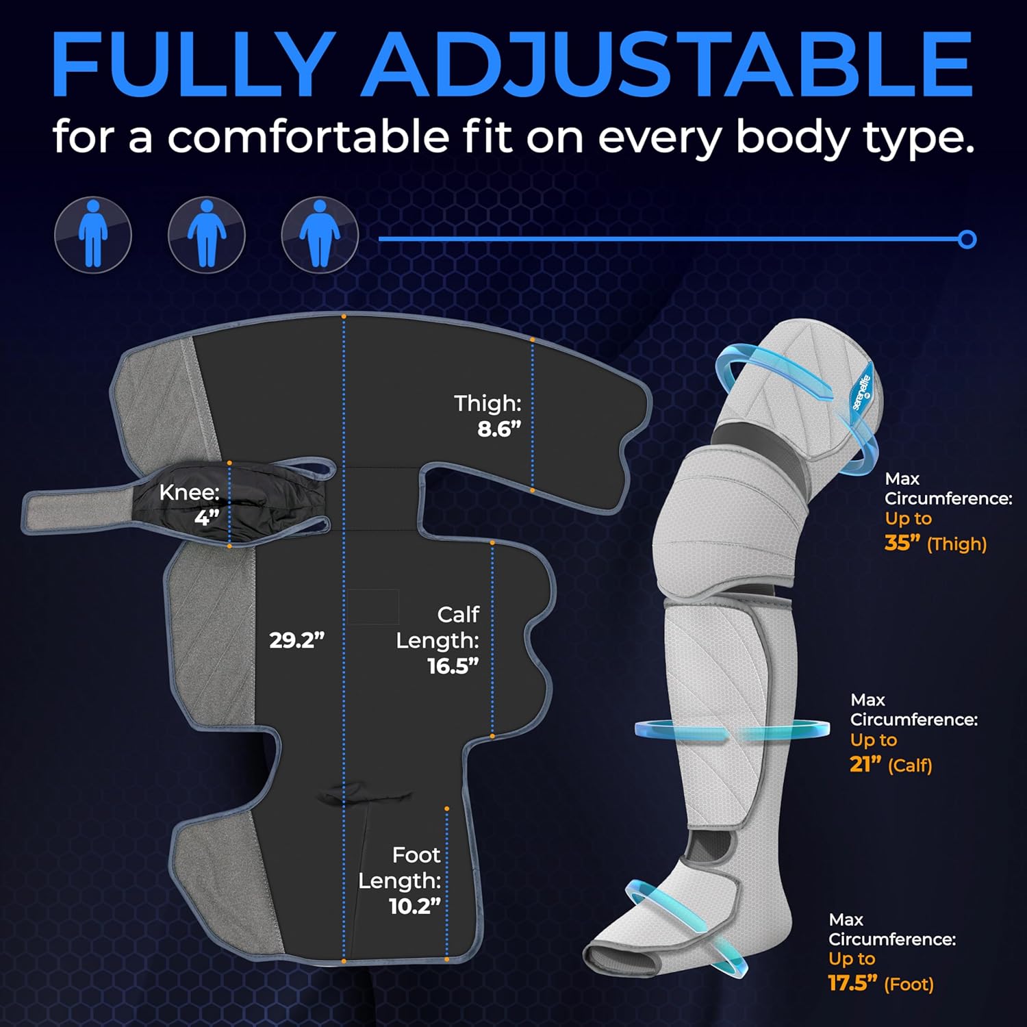 SereneLife Luchtcompressie Beinum Massager, Volledige Massager met Warmte en Compressie, Draagbaar en Verstelbaar, 6 Modi, 3 Vibraties, 3 Intensiteiten, 11 Luchtkussens voor Dijen, Kuiten - QUORE