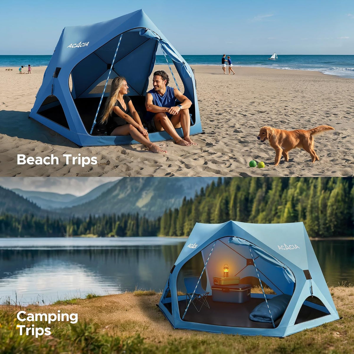 ACACIA Campingtent, pop-up campingtent met 8 ramen en voetafdruk, waterdicht, winddicht, eenvoudige installatie, huftent voor familie, kamperen, wandelen en glamping