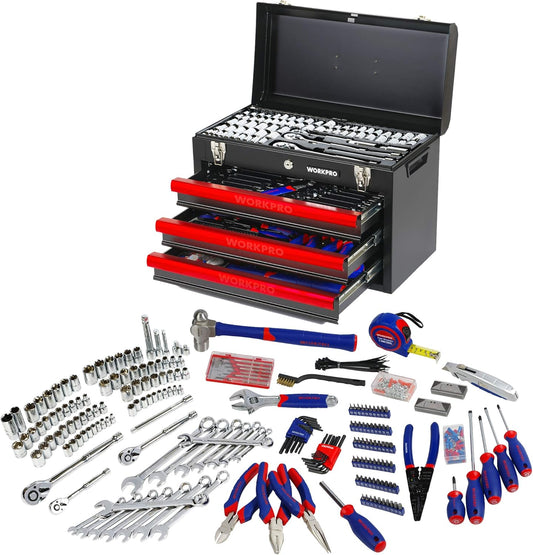 WORKPRO 408-delige mechanica gereedschapsset, CR-V hoogwaardige Home Tool Kit, 3-lade zware metalen doos