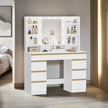 Make-up Tafel – Kaptafel – Visagie Tafel – Beauty Tafel – Dressing Table – LED Verlichting 10 Lampen – Grote HD Spiegel & 9 Opbergvakken – Wit Gouden Afwerking