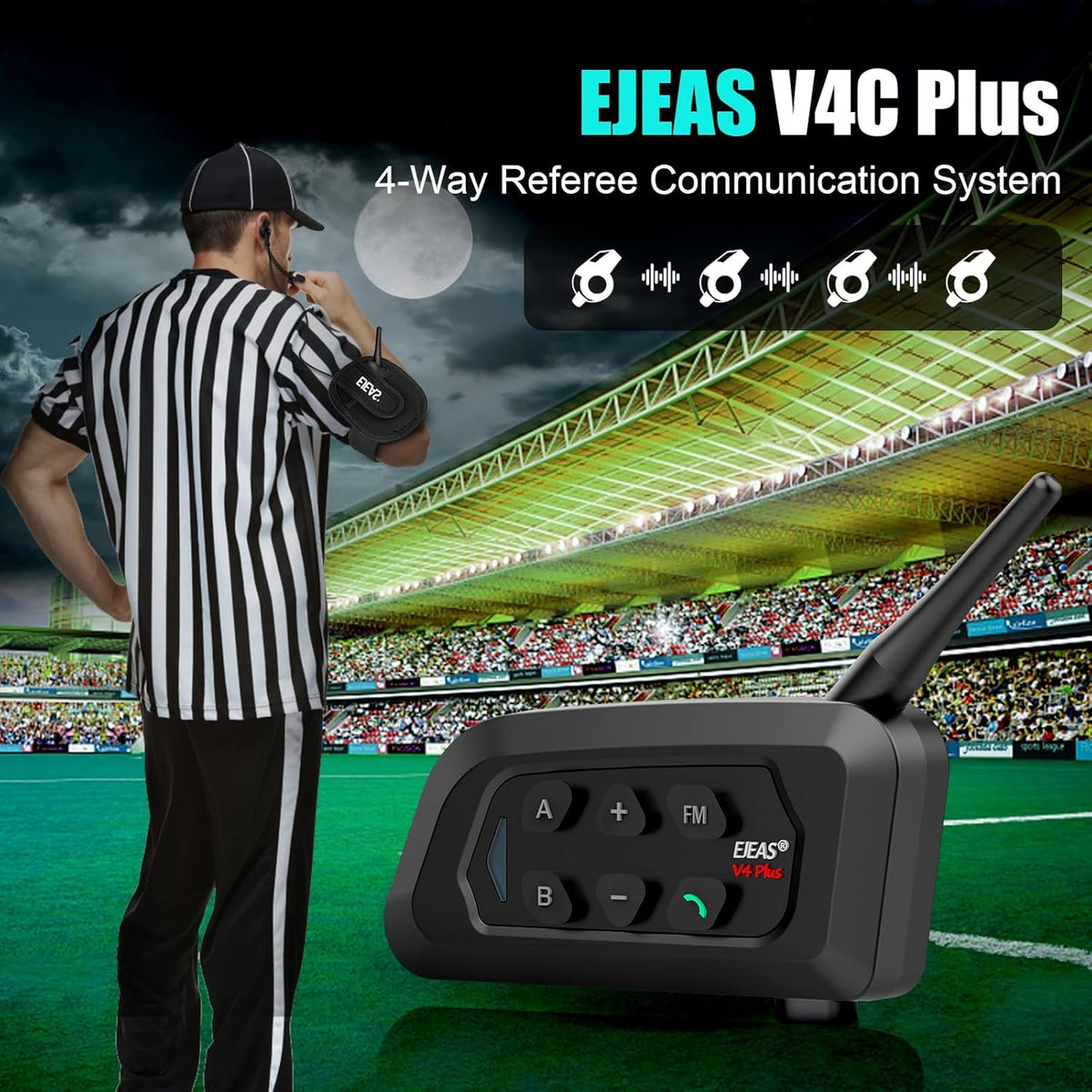 EJEAS V4C Plus 2 Pcs Professional Football Referee Bluetooth Intercom, 1200 Meters, 4 People Simultaneously Duplex Speaking for Football and Handball Referees