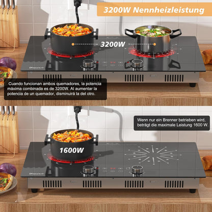 Heraplatte 2 kookplaten met stekker, 3200 W kookplaat, 2 platen, draagbare keramische kookplaat, dubbele draaiknop, kookplaat met 9 standen, 2 vrijstaand, timer, veiligheidsslot, Disaenvir