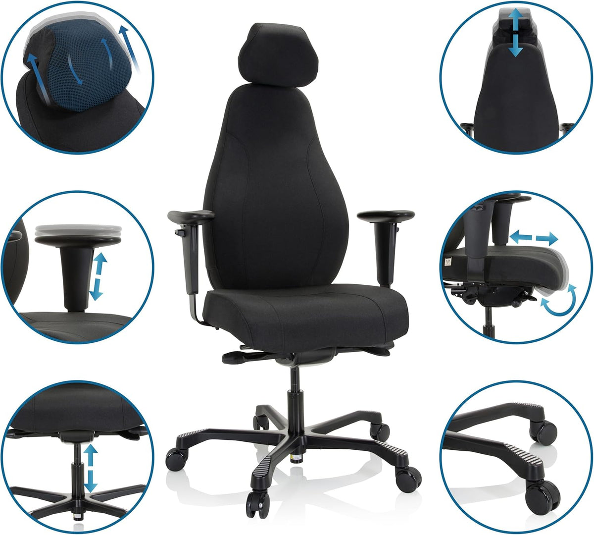hjh OFFICE 608917 Professionele managersstoel Resistio XXL stoffen bureaustoel ergonomisch, tot 200 kg belastbaar, 24 uur inzetstuk, zwart