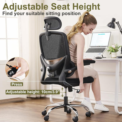 Ergonomic Office Chair, Swivel Office Chair with Mesh High Backrest, Adjustable Lumbar Support, Folding Armrests, Detachable Headrest, Space Saving, 155-185cm, up to 150kg