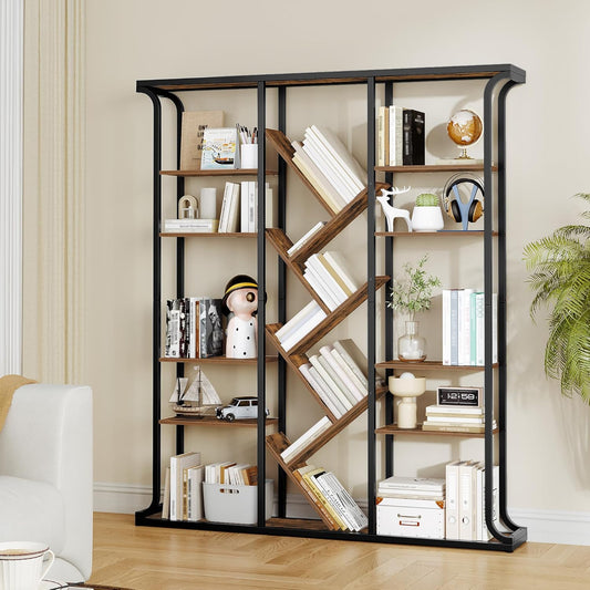 Hzuaneri BC53201B Bookcase, 3 Columns, 6 Animals, Tree-Shaped Bookcase, 17 Compartments, Open Independent Shelves, for Home Office, Bedroom, Living Room, 24 x 156 x 180 cm, Vintage Brown-Black