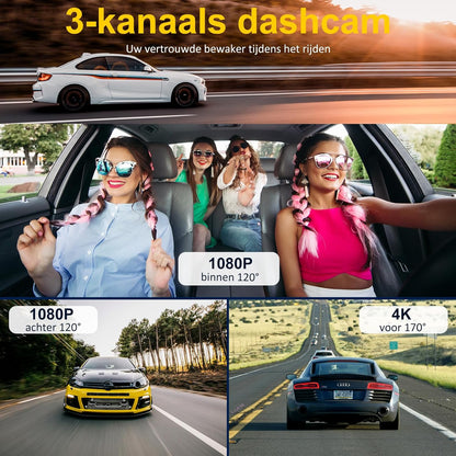 Dash Cam voor en achter binnen, 3-kanaals dashcam voor auto, 5G WiFi autocamera met 64 GB SD-kaart, 4K+1080P+1080P Triple Lens Dash Camera