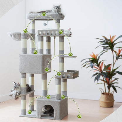 Large Cat Scratching Post for Large Adult Cats, 174 cm Cat Scratching Post with Hammock, 2 Large Sitting Bars, 2 Cat Cavities, 15 Scratching Bars, Light Grey GCT033W - QUORE