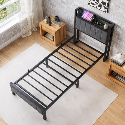 Bedframe met laadstation, eenpersoonsbed, metalen bed, gestoffeerd bed, 90 x 200 cm, bedframe van metaal, jeugdbed met lattenbodem, hoofdeinde in grijs, voor slaapkamer en logeerkamer