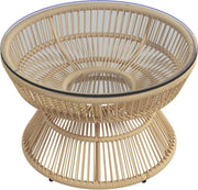 Tuintafel - Tuintafel Rond - Bijzettafeltje - Bistrotafel - Salontafel - Rotanlook - met  Dienblad van Gehard Glas - voor Terras - Tuin - Ø 60 x 37 cm - 	Natuurlijk Hout