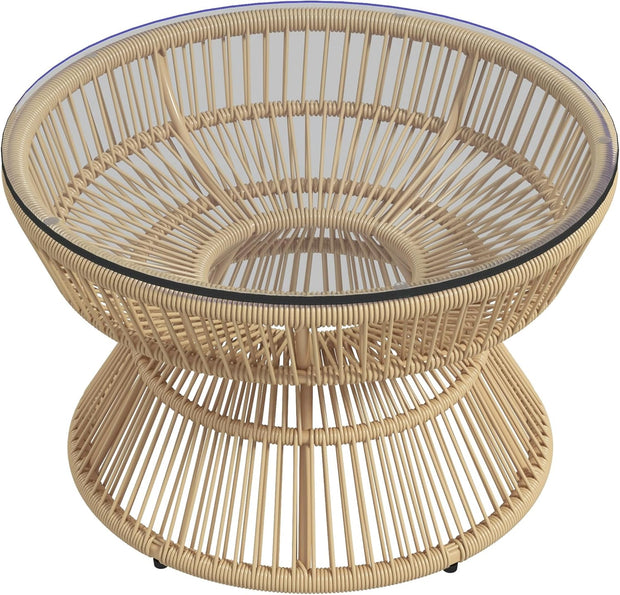 Tuintafel - Tuintafel Rond - Bijzettafeltje - Bistrotafel - Salontafel - Rotanlook - met  Dienblad van Gehard Glas - voor Terras - Tuin - Ø 60 x 37 cm - 	Natuurlijk Hout