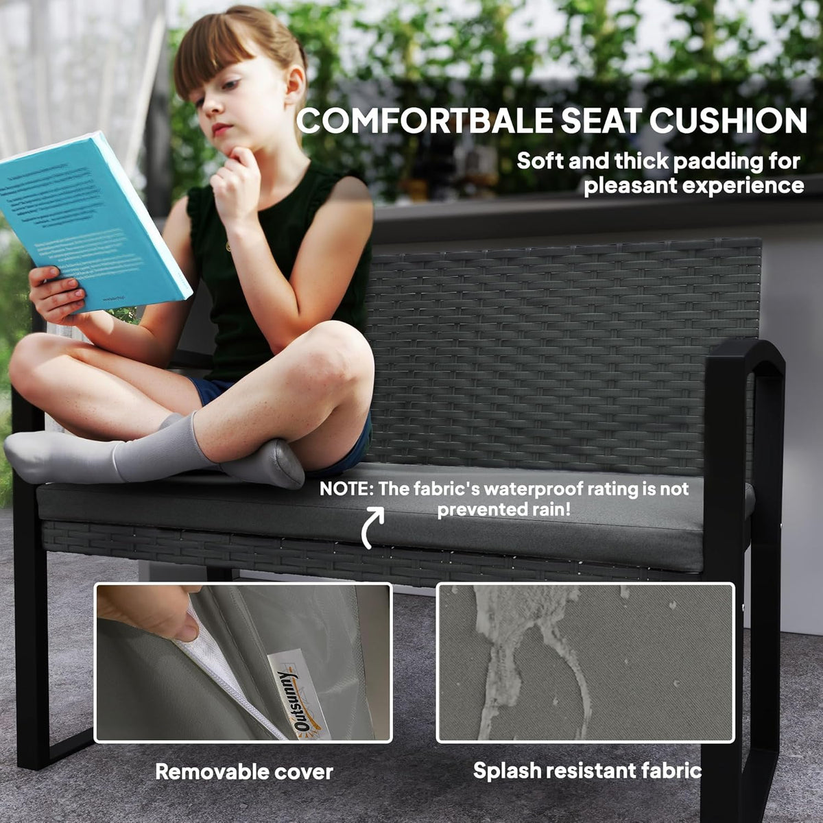 Outsunny Rattan Garden Bench 2 Seater Garden Bench with Cushion, Wicker Garden Bench with Armrests, Galvanized Steel Frame for Patio, Park, Dark Grey - QUORE
