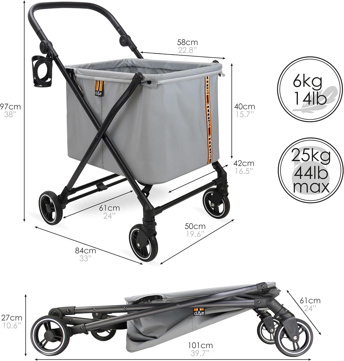 Boodschappentrolley Grijs – Winkelwagen – Winkelwagentje – Boodschappenwagen – Boodschappenkar – Tot 25 Kg Draagvermogen – 4 Draaibare Wielen