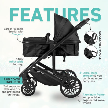 Lejoux™ Avant Reissysteem voor kinderwagen, grotere opvouwbare kinderwagen met reiswieg, 5-punts harnas, verstelbare zitting, extra grote mand en eenhandige vouwwagen, zwenkwielen en regenhoes (zwart)