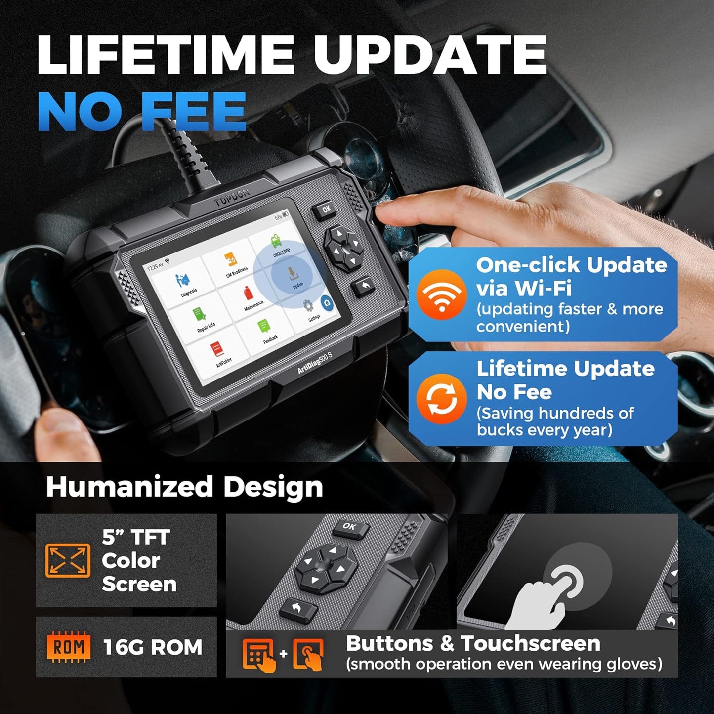 TOPDON OBD2 Code Reader Scanner ArtiDiag500S, Motor/ABS/SRS/Transmissie Auto Diagnostic Tool, 5 Reset Services voor Olie/BMS/Bloeding/DPF/Gasklepaanpassing, Gratis levenslange upgrade, AutoVin
