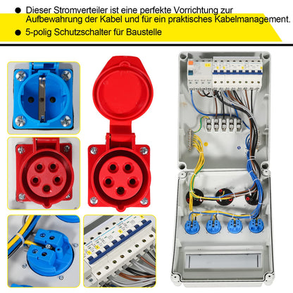 Wandverdeler met stroomonderbreker en FI, 5-polig Bouwstroomverdeler met 4xSchuko-stopcontact en CEE-stopcontact 16/32A Stroomverdeler voor binnen en buiten
