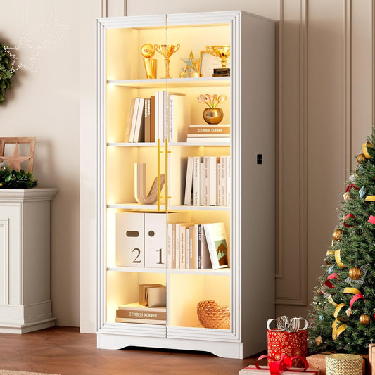 LVSOMT Glazen vitrine met ledverlichting, 165 cm, vitrinekast met glazen deuren, vitrine met 4 displayplanken, 3 kleuren licht, vitrine, glas, hout, woonkamer, hal, wit
