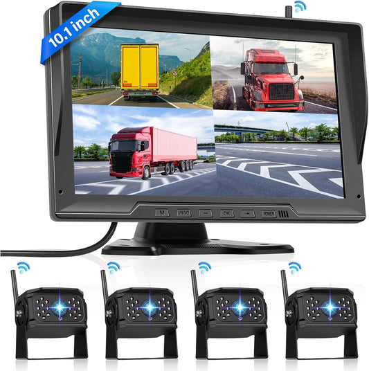 Hodozzy Draadloze digitale achteruitrijcamera, 4 camera's kit 10,1 inch IPS-scherm gesplitst scherm met opname nachtzicht achtercamera auto vrachtwagen/aanhangwagen/camper