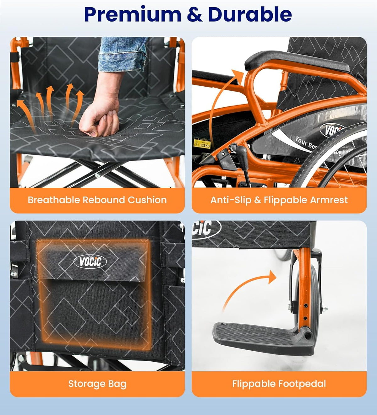 VOCIC U31 Rolstoel, licht, 150 kg, aluminium rolstoel voor gehandicapten, dubbele rem, rolstoel voor senioren, solide banden, 60 cm voor alle vloeren, oranje