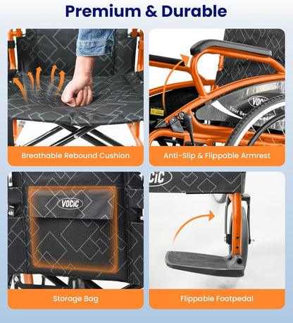 VOCIC U31 Rolstoel, licht, 150 kg, aluminium rolstoel voor gehandicapten, dubbele rem, rolstoel voor senioren, solide banden, 60 cm voor alle vloeren, oranje