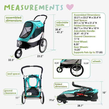 Petique Trailblazer Jogger Hondenwagen voor middelgrote honden & katten, luchtbanden, verstelbare handgreep, Pee Pad, 3 lijnen, regenhoes, fietsadapter - Kleur: Neptune