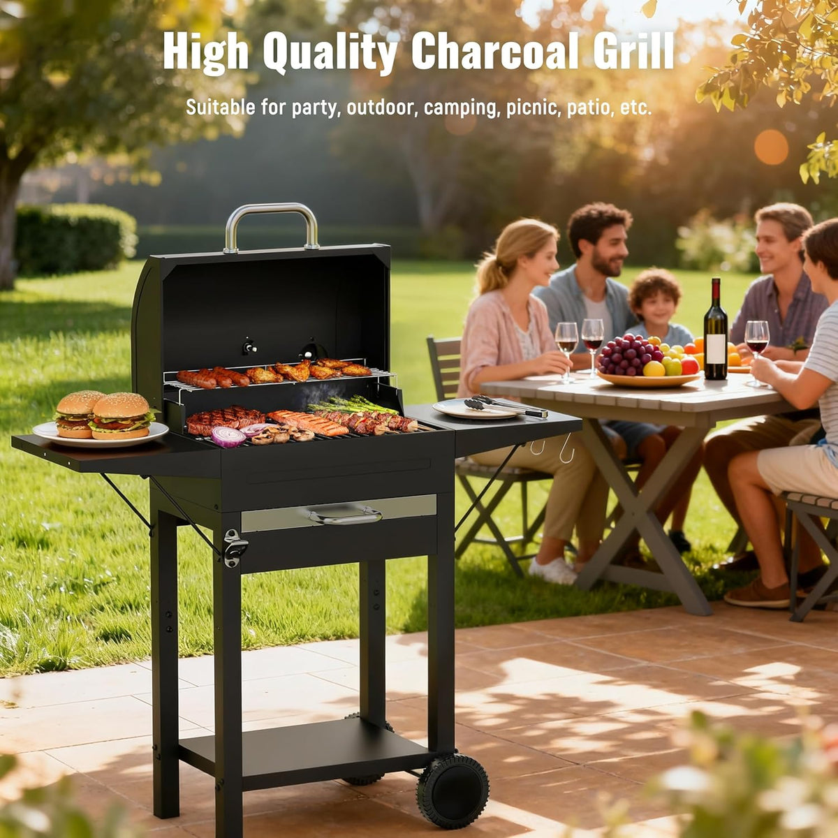 XL Houtskool BBQ Grill voor buiten koken vierkante buis kar roker grill met thermometer, dubbellaags grillrooster, bijzettafel en beweegbare wielen, zwart