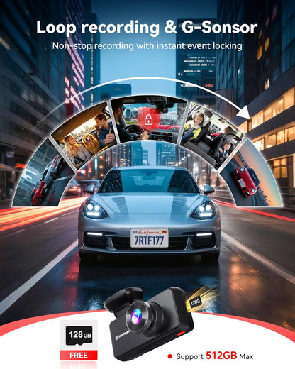 4-Kanaals Dashcam – Autocamera – Rijcamera – Parkeercamera – Autorijcamera – 2.7K Voorcamera – 360° Draaibare Achtercamera