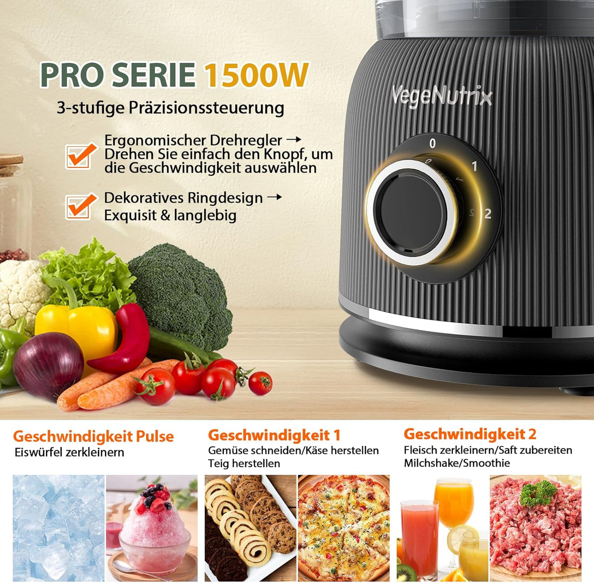 Keukenmachine en mixer combinatie 1500 W, 2,5 l hakmolen voor vlees, groenten en deeg, 2 l blender met glazen reservoir, 2 snelheden en pulsfunctie voor smoothies, sap enz.