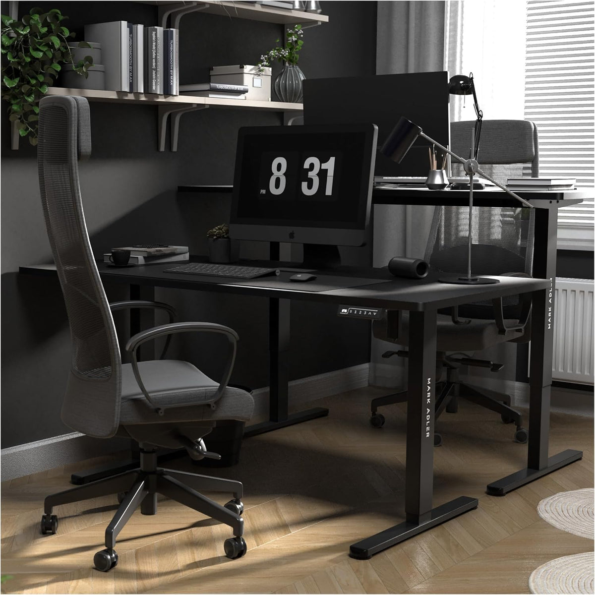 MARK ADLER Leader 7.6 Black Stand Desk Height Adjustable 160 x 80 cm 3 Memory Control Touch Screen Cable Pass-Through Headphone Hook Cup Holder Black - QUORE