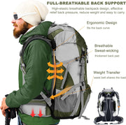 Wandelrugzak - Kampeertas - Trekking rugzak - Camping Essentials Tas - met Regenhoes 50L - Lichtgewicht - Waterdichte - 8 Verstelbare Riemen - Nylon - Groen