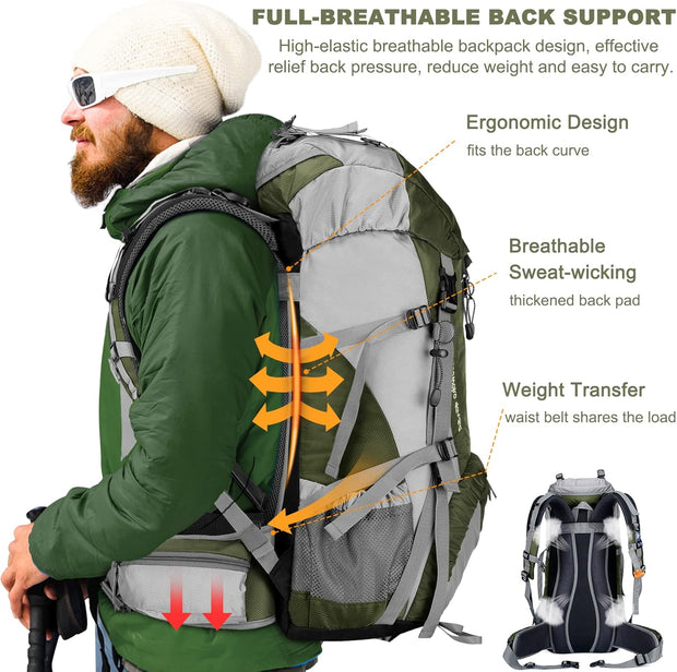 Wandelrugzak - Kampeertas - Trekking rugzak - Camping Essentials Tas - met Regenhoes 50L - Lichtgewicht - Waterdichte - 8 Verstelbare Riemen - Nylon - Groen