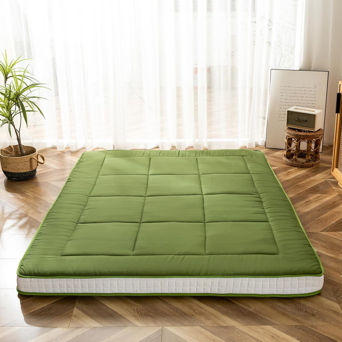 Maxyoyo Futon matras, gewatteerde Japanse vloermatras, gewatteerd, extra dik opvouwbaar slaapkussen, ademend vloerligbed, logeerbed (groen, eenpersoons)