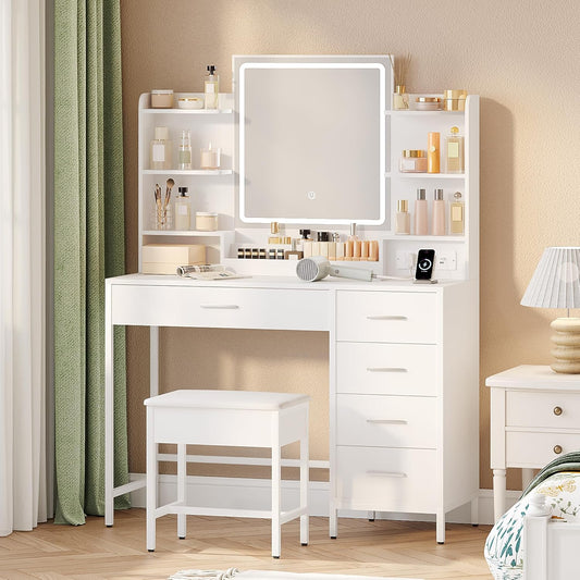 Hzuaneri Dressing Table, Soft Stool, HD Mirror and Adjustable Led Lights, Socket and Usb, 5 Drawers, Open Storage Compartment, White DT35103W